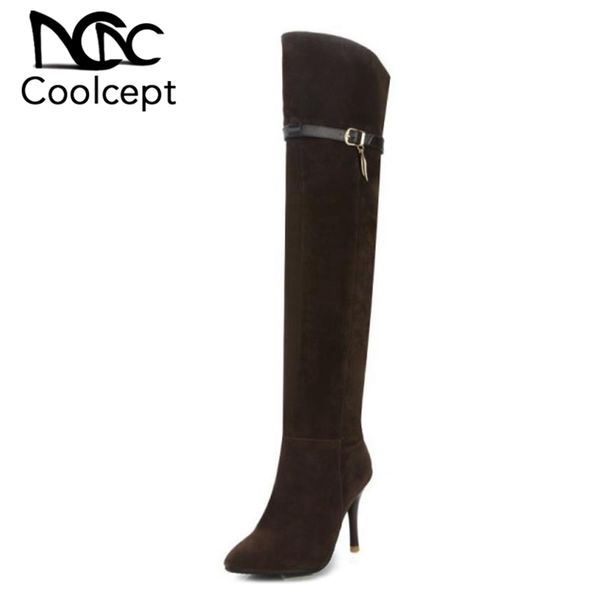 

women fashion pointed toe over the knee boots thin high heel shoes woman brand buckle strap zipper botas size 34-43, Black