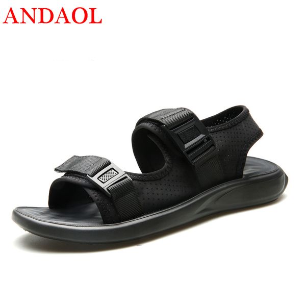 

andaol men's casual dragshoes soft breathable genuine leather beach shoes luxury non-slip business office sandals, Black