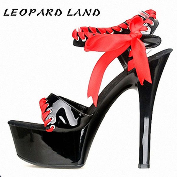 

leopard land 15cm heels solid color fashion round head buckle lovely princess shoes bow tie decorative lace up sandals lyp, Black