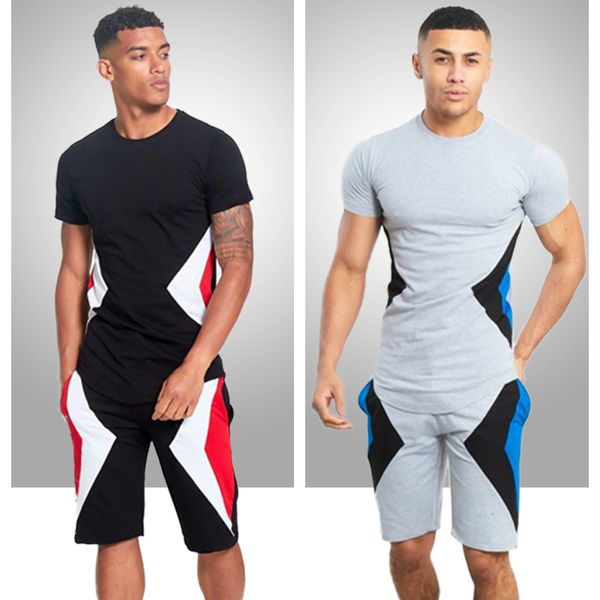 

2020 new mens summer sets tracksuits man patchwork casual short sleeve + shorts sports set male 2 pieces sweat suits clothing, Gray