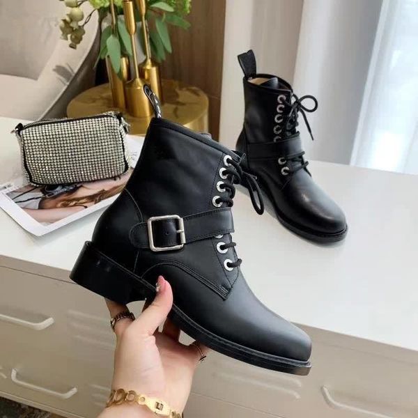 

buckle decor women ankle boots black genuine leather lace up women boots autumn winter short waterproof combat boot