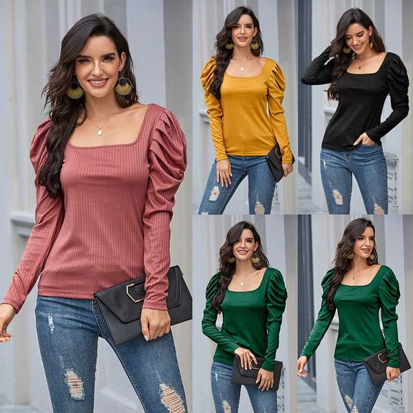 

2020 womens new summer autumn solid long puff sleeve knit elegance square neck loose blouse ladies, White