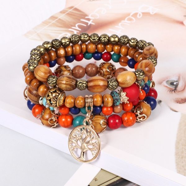 

fashion wooden bead set chain combination bracelet alloy rose flower handy and elegant trendy bracelet, Black