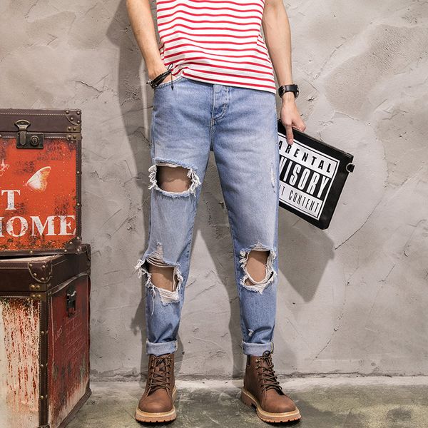 

men jeans retro hole bleached washed casual solid distressed vintage loose male ankle-length denim pants, Blue