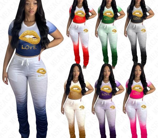 

women lips tracksuit designer letters t shirt crop and ruffled pants outfit two pieces trousers suit color gradient suit l-4xl d71610, Gray