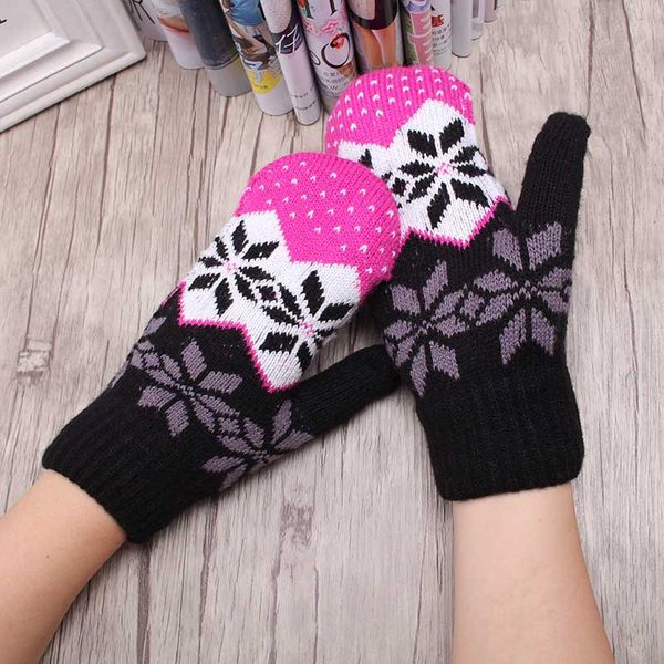 

five fingers gloves women winter knitted stretchy covered finger halter girl snowflake casual crochet mittens female wrist hand 1 pair, Blue;gray