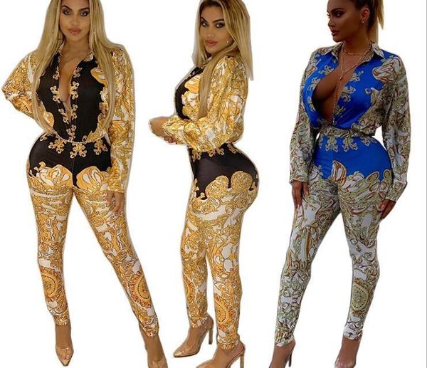 

2019 women autumn street full sleeve print bodysuit & pants suit two piece set casual fashion tracksuit outfit t200528, Gray