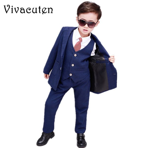 

british style plaid child wedding suit brand boys blazer vest pant 3pcs set for kids party suits formal costumes, Blue