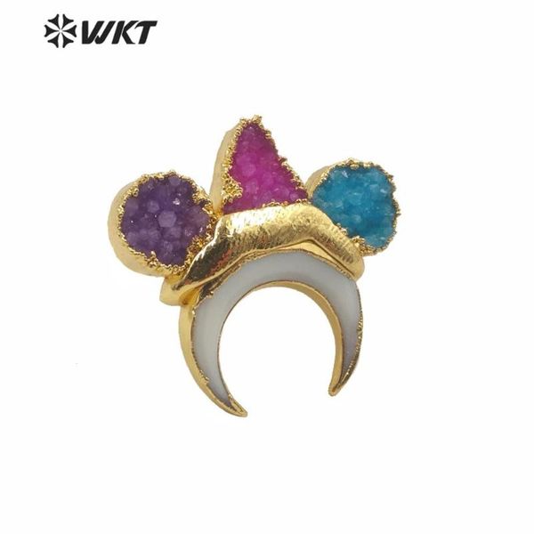

wt-mpr004 amazing unique natural druzy stone crescent moon ring gold electroplated triple stone druzy ring for wed, Slivery;golden