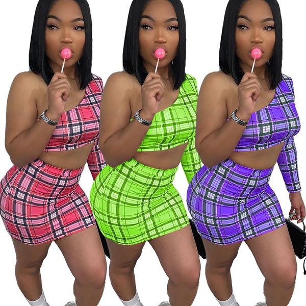 

women summer clothes plaid 2 two piece skirts set irregular one shoulder long sleeve crop mini skirt outfits plus size clothing