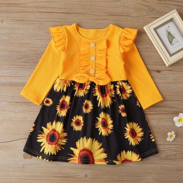 

pretty princess sleeve ruched bow patchwork sunflower toddler kids baby girls dresses children knee-length dress 18m-6y, Red;yellow