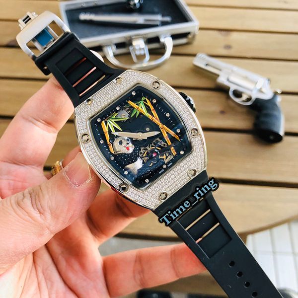 

version rm 26-01 panda skeleton dial silver diamond case japan miyota automatic movement rm 26-01mens watch black rubber strap watches, Slivery;brown