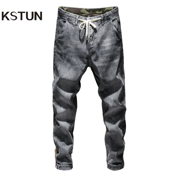 

men's jeans kstun mens grey elasticity thin harem drawstring relaxed tapered denim pants casual joggers streetwear male trousers, Blue