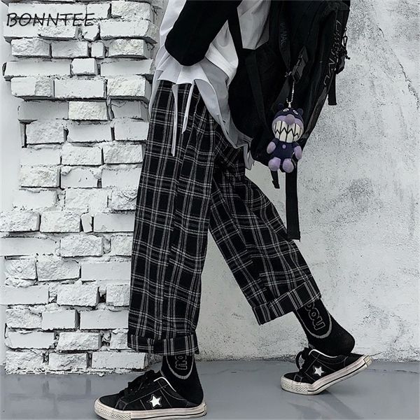 

casual pants men loose straight all-match stylish harajuku vintage black-white plaid full-length trousers male ulzzang chic soft