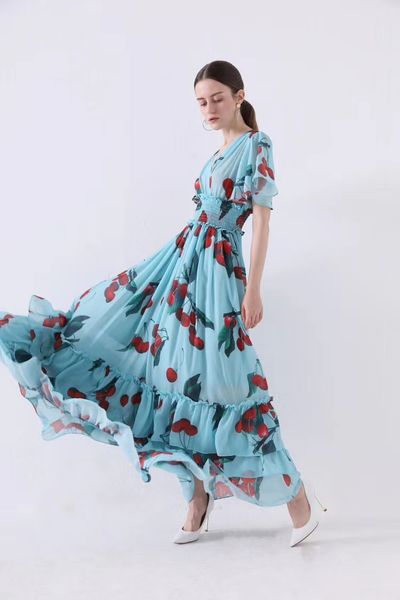

women's fruits printing long dress v neck adjustable waist silk blending girl's summer sweets dresses, Black;gray