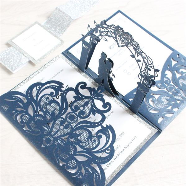 

greeting cards navy blue invitation wedding with glitter silver backing belly band ball party supply personalized design