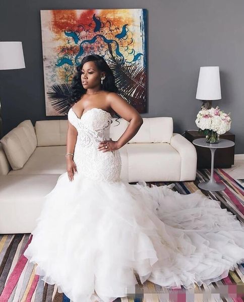 

vintage ivory 2021 trumpet mermaid wedding dresses cascading ruffles sweetheart lace bodice sweetheart neck lace up plus size bridal gown, White
