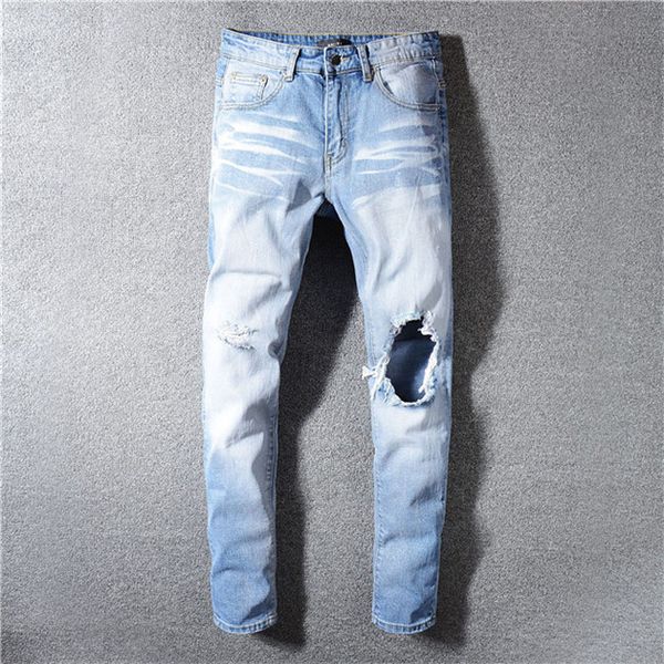 

20ss new fashion men black jeans skinny ripped stretch slim west hip hop swag denim motorcycle biker pants jogger mens jeans designer pants, Blue