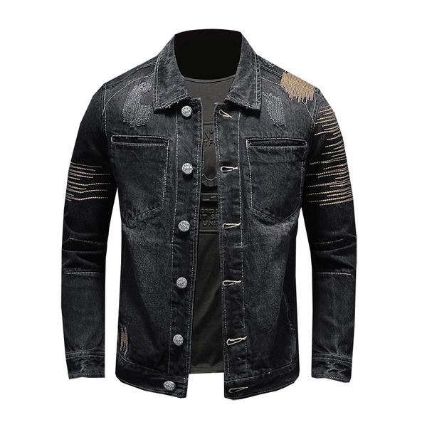 

bonjean men's black denim motorcycle biker jacket vintage slim fit embroidery distressed jeans coat men punk jackets, Black;brown