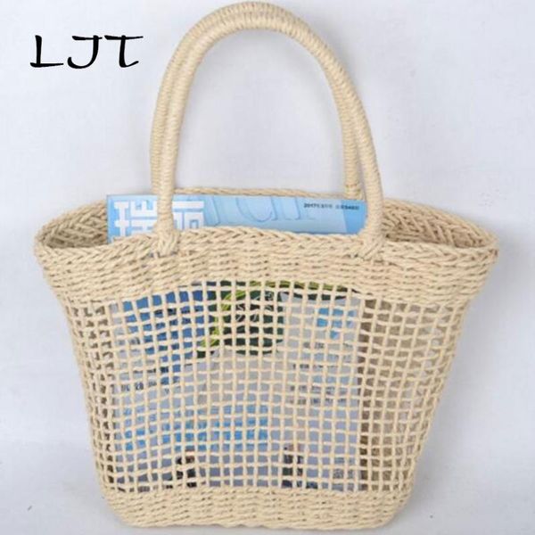 

ljt 2020 simple and generous plain color hollow textured woven bag korean popular straw handbags no lining travel beach tote
