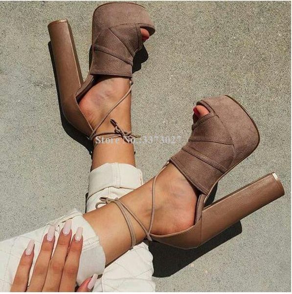 

lady new platform chunky heel sandals shoes women brown color peep toe lace-up dress sandals fashion real ps banquet shoes, Black