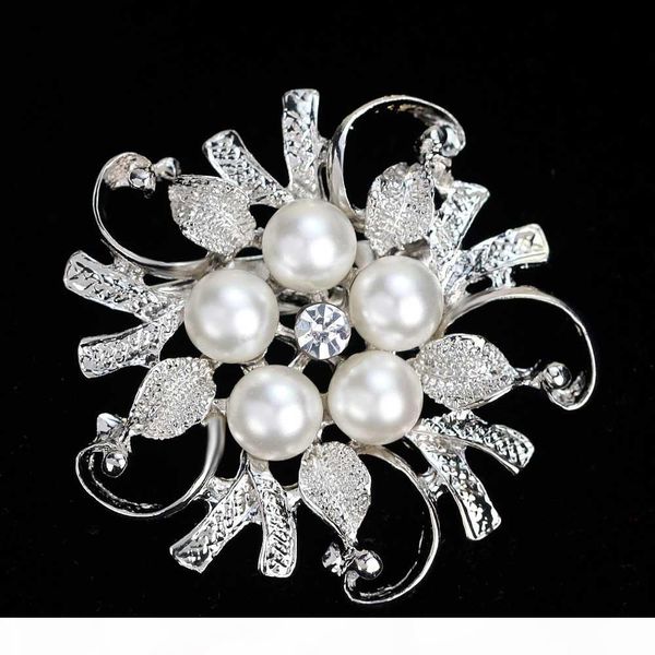 

silver bouquet brooches pins with imitation pearl and crystal for women clothes accessories bridal flower badge breastpin beautiful jewelry, Gray