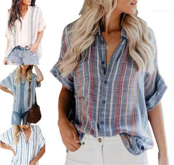 

summer designer shirts lapel neck short sleeve striped print female clothing fashion style casual apparel womens, White