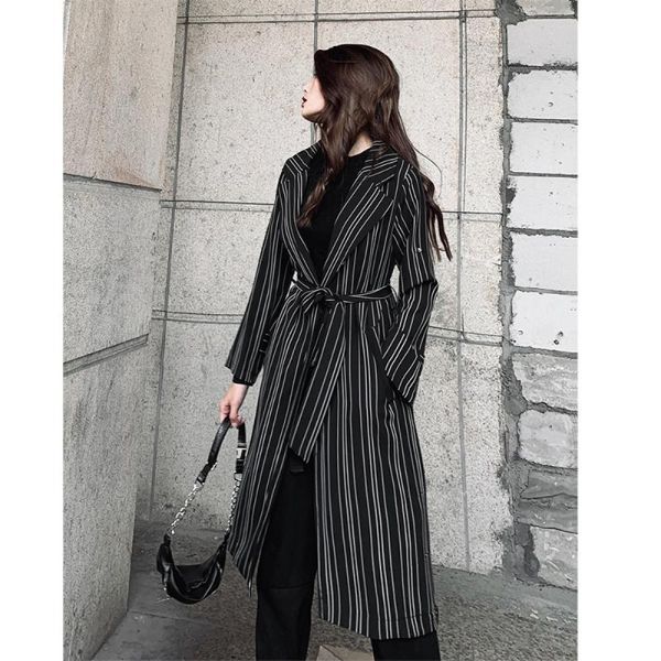 

british style black striped mid length straight turn down collar trench coat elegant temperament slim long coats big size tide, Tan;black