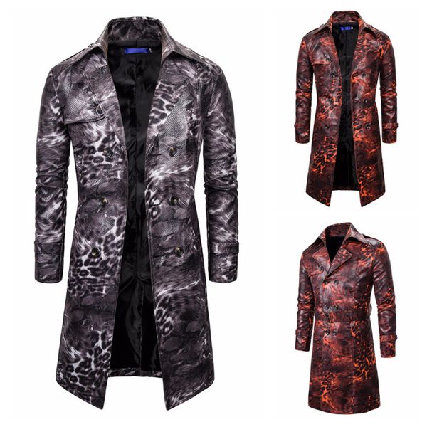 

2020 autumn and winter new men's jacket pubg windbreaker leopard-print tide double-breasted personality long windbreaker men, Tan;black