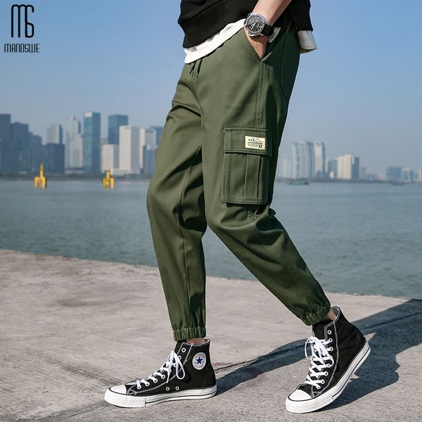 

men's pants manoswe men casual vintage cargo pockets joggers trousers sweatpant cotton 2021 hip hop street style outdoor, Black