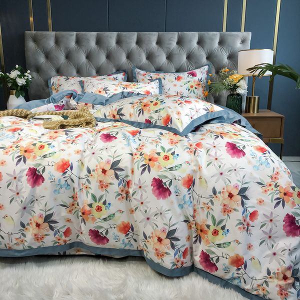 

luxury 100% egyptian cotton bedding set blue red flower bloom bedclothes pastoral princess bed linen duvet cover  king size
