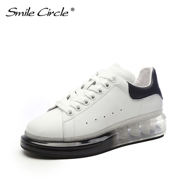 

smile circle white sneakers women shoes lace-up flat platform casual shoes, Black