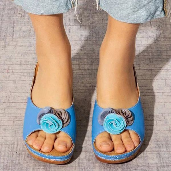 

women slippers wedges sandals flower pu casual vintage ladies shoes platform peep toe outside summer beach slides female 2020, Black