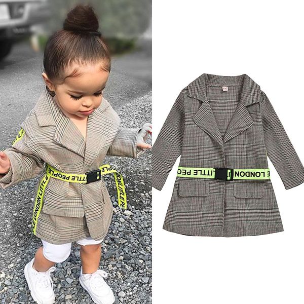 

girls ins fashion girls coats 2020 new kids plaid outfits jackets letter sashes casual suits baby clothing clothes for 2-6t, Blue;gray