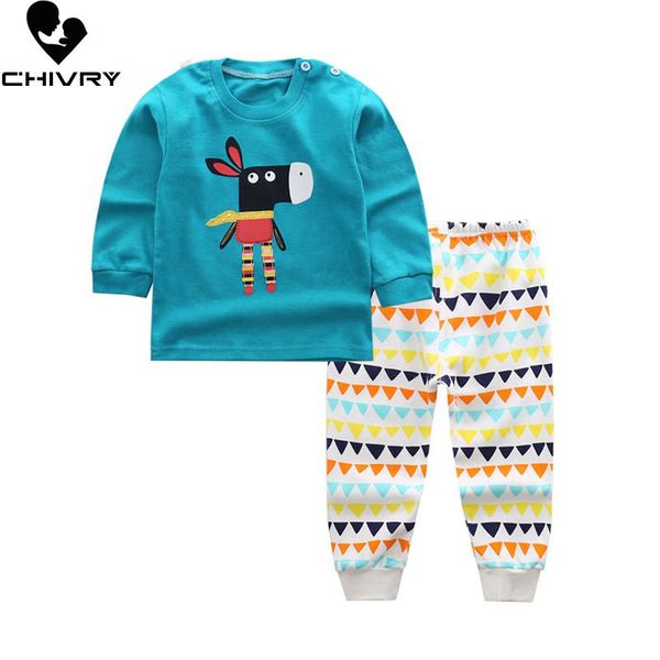 

2020 new kids boys cotton pajama sets cartoon print o-neck cute t-shirt with pants baby girls children autumn clothes sets, Blue;red