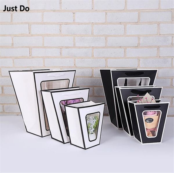 

trapezoid shape paper flower packaging bag with window black white kraft red paper gift packing bag gift bags with window