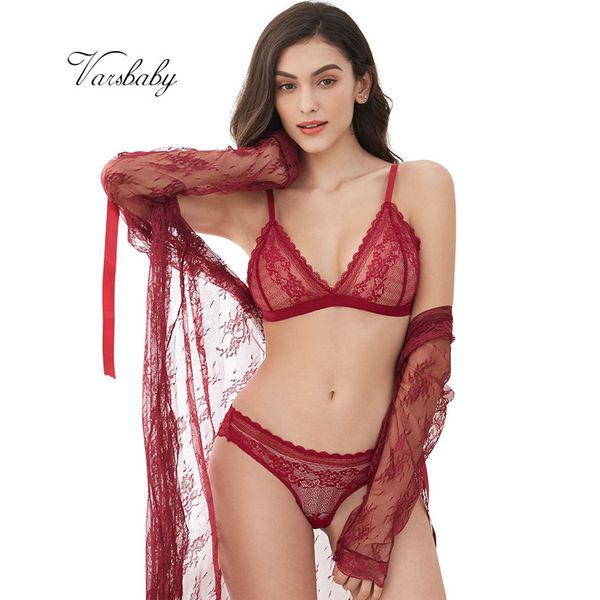

varsbaby unlined floral lace deep v lingerie set bras+panties+robe+thongs 4 pcs for women, Red;black