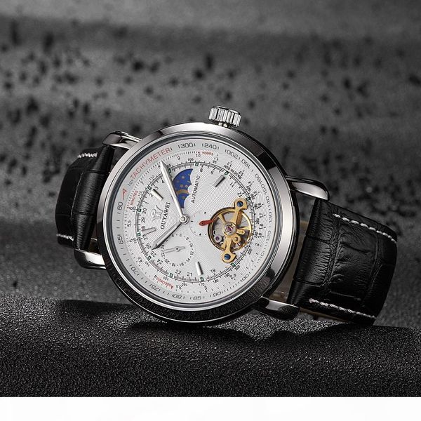 

oyw tourbillion mechanical men skeleton calendar automatic wristwatch leather strap white fashion waterproof self wind watches, Slivery;brown