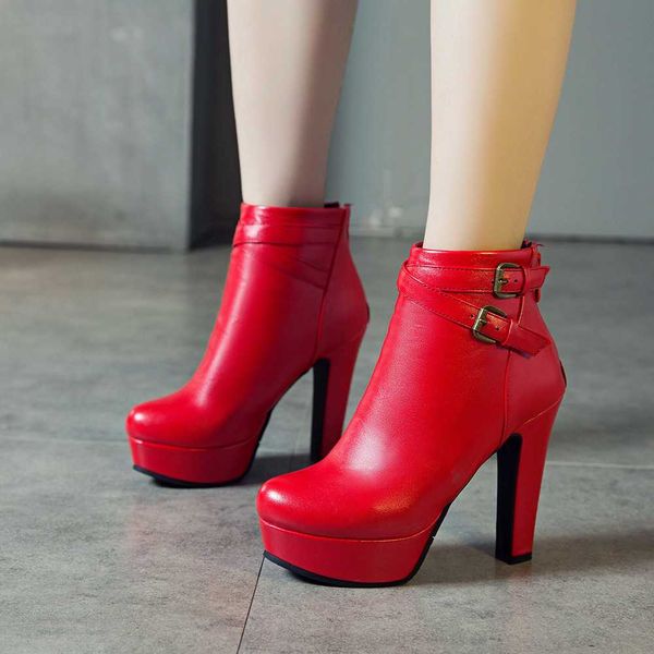 

bonjomarisa female buckle ankle boots high heels platform boots women 2020 new arrival brand party autumn shoes woman, Black