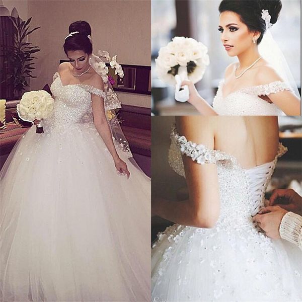 

3D Flower Lace Lace-Up Back Court Train Long Bridal Ball Gown Off The Shoulder Sparkling Crystal Beads Wedding Dress
