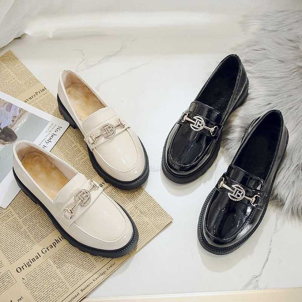 

2020 new women flats woman loafers leather female shoes slip women's shoe metal decoration winter warm round toe loafers u15-21, Black