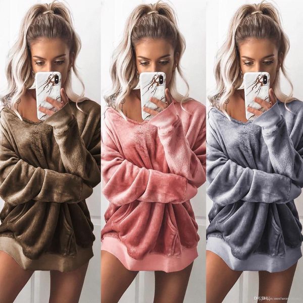 

hoodies v-neck solid color autumn sweatshirts long sleeve clothes women winter velvet, Black
