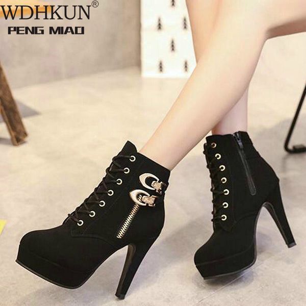 

plus size ankle boots women platform high heels female lace up shoes woman buckle short boot casual ladies footwear drop ship, Black