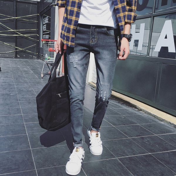 

men's fashion jeans vintage wash tear slim jeans pencil pants fashion men's zipper skinny, Blue