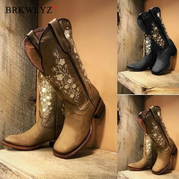 

autumn winter women's fashion vintage long boots causal embroidery leather boots low heel west cowboy style tall women, Black