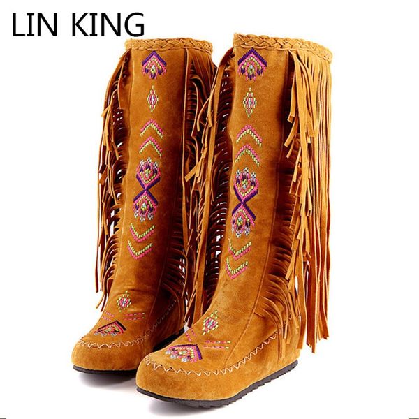 

lin king big size 48 women gladiator long boots vintage tassels knee high boots spring autumn wild outdoor motorcycle, Black