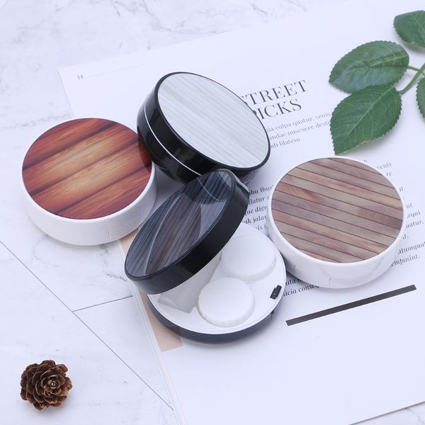 

1 set contact lens box vintage wooden stripe case storage container unique organizer mirror eye care round kit 85wb, Silver
