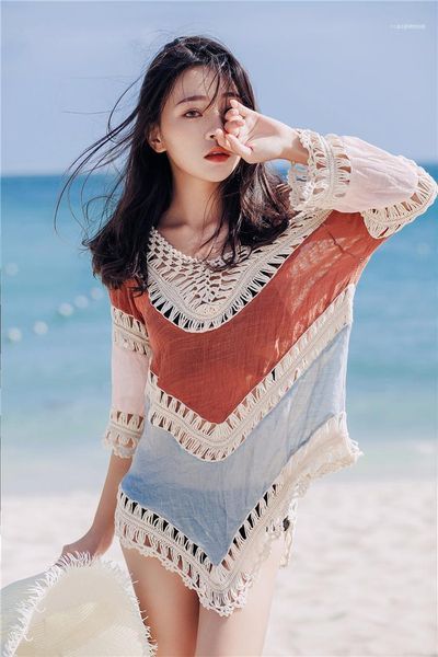 

beach cover up seaside sunscreen blouse cover up for women womens lace hollow out blouses sexy, White