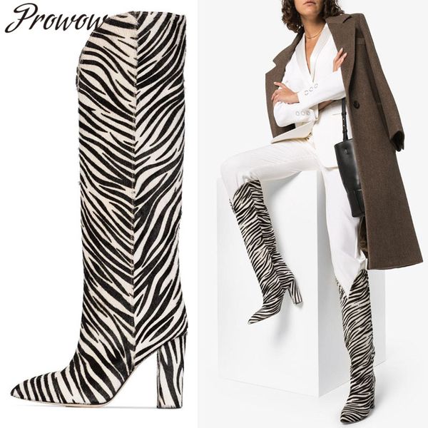 

prowow new runway fashion women winter knee boots warm thick high heel warm boots shoes women, Black