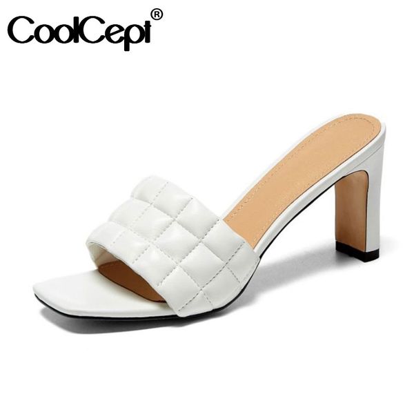 

coolcept women genuine leather sandals open toe thick high heel shoes slides slippers outdoor footwear size 34-39, Black